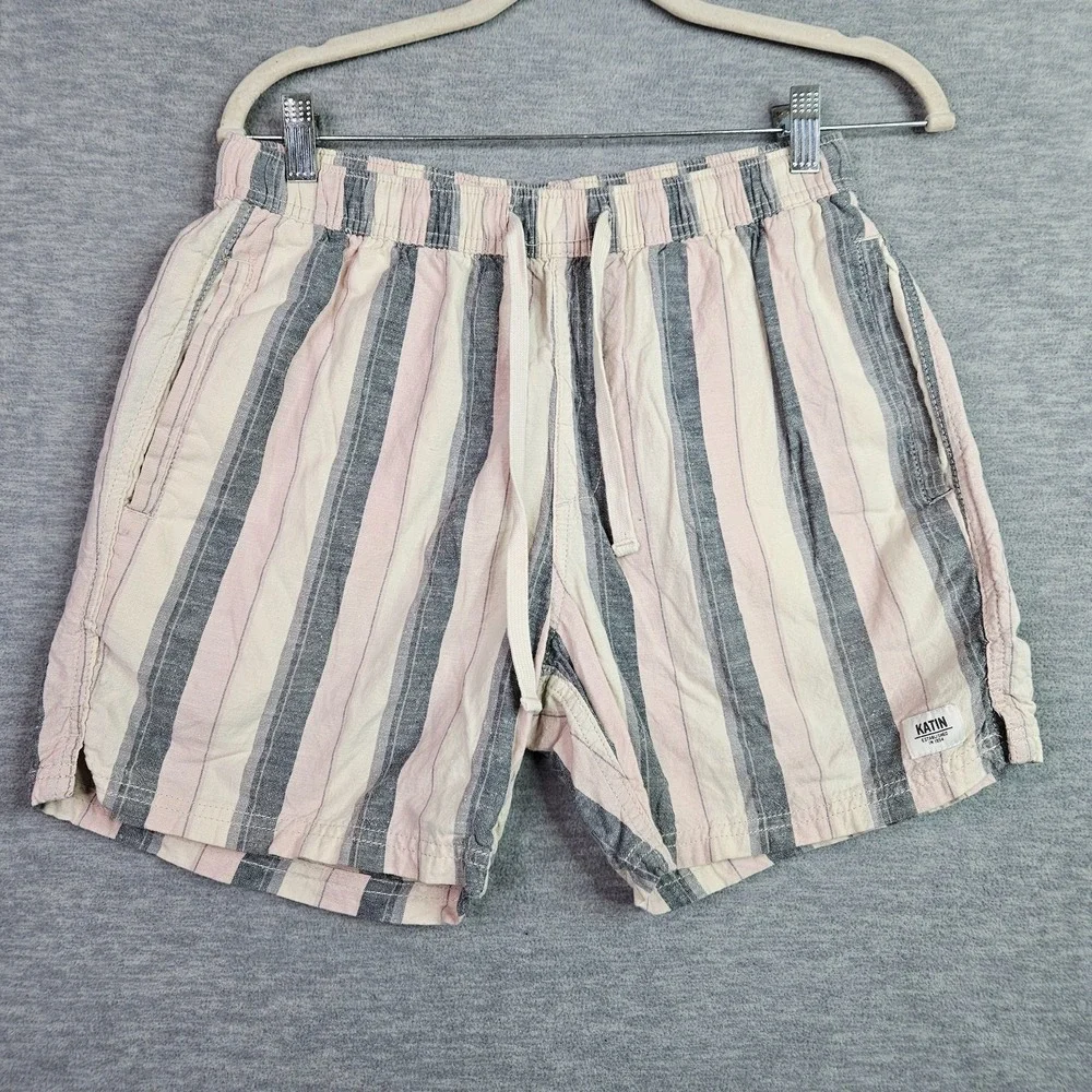 Katin Shorts Men SM Striped Drawstring Elastic Waist Casual Surf Cotton Linen